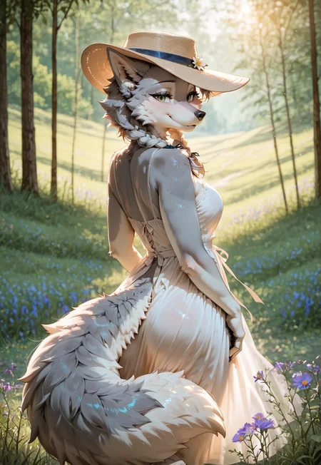 masterpiece, best quality, highres, 1girl, furry, solo, (anthro wolf girl:1.2), gray fur, gray twinbraids, green eyes, tail focus, (ribbon tied on tail), beautiful face, expressive pose, charming, alluring, thoughtful smile, looking at viewer, detailed background, soft lighting, bloom, cinematic, 8k, detailed face, fluffy tail, delicate features, ears folded back, EFB,  dropped ears, sunhat with flowers, (((ears under hat))), grass, wildflowers, spring ambiance, blurred background, soft body fur, ultra-detailed eyes, light dress, warm sunlight, volumetric lighting, high detail fur, perfect composition, 
