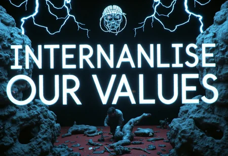 the words 'INTERNALISE OUR VALUES' written in large font fills the front of frame. In the back of frame weird man with in a dark room with checkerboard blue lotus PEOPLE ARE trapped inside machinery, people crushed inside mechanical gears, high gore arms crushed and bent, signs of wailing, people in business suits trapped in machinery. floors with blood on the ground with a white interior cyber tech electricity electical circuits illuminati symbols with brains and vaginas with high technology alchemical background lightning bolts