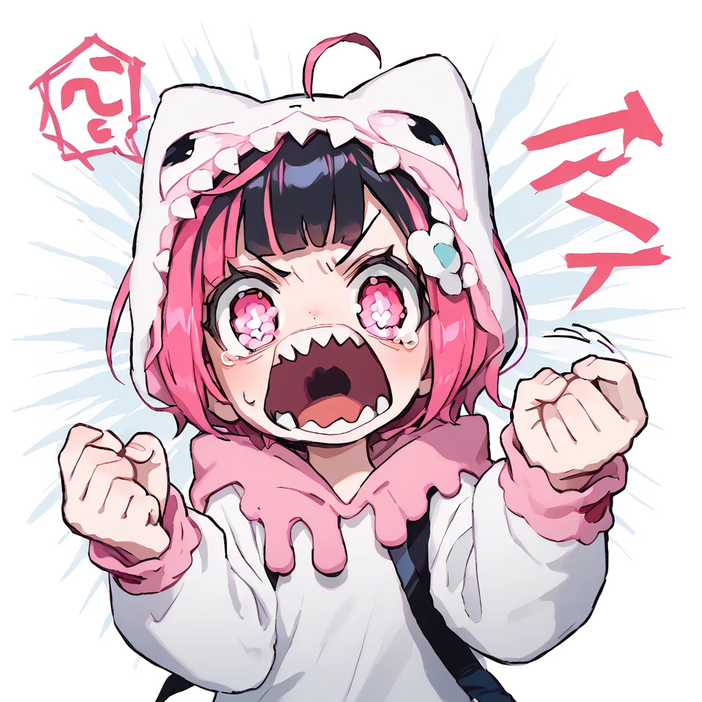 <lora:Berta_Delica:1> black hair, pink hair, multicolored hair, symbol-shaped pupils
<lora:rage_r1:0.8> rage, open_mouth, shouting