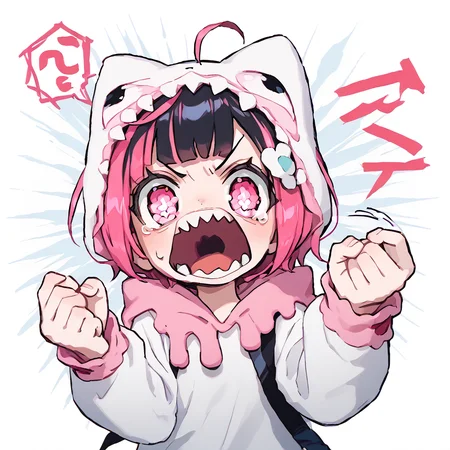 <lora:Berta_Delica:1> black hair, pink hair, multicolored hair, symbol-shaped pupils
<lora:rage_r1:0.8> rage, open_mouth, shouting