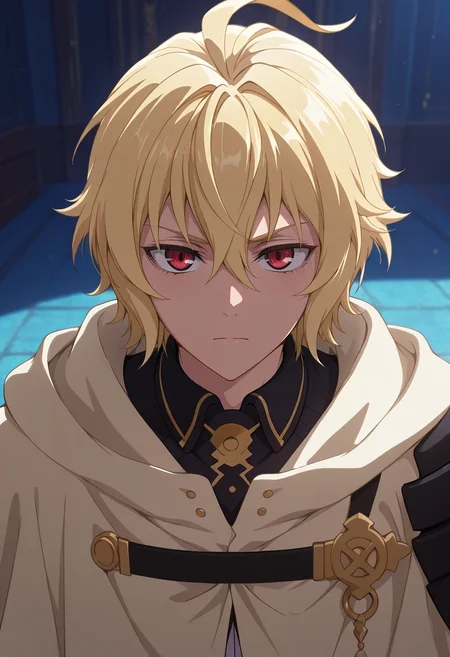 masterpiece, best quality, , (3d:0.4), looking at viewer, 1boy, solo, male focus, <lora:mikaela_hyakuya_ilxl:0.96>, mikaela_hyakuya, blonde hair, red eyes, short hair, hair between eyes, bangs, ahoge, , , vandal costume