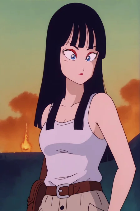 source_anime, score_9, score_8_up, score_7_up, anime screencap,8k, absurd res,
mai \(dragon ball\), long hair, bangs, blue eyes, black hair,
white vest, tank top, tan pants, dutch angle, smoke, fire, city in ruins, destruction, wind lift, 
 <lora:maiDB_pony_v1:0.8>
