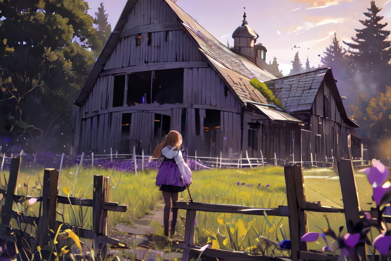 (otherworldly), highly insanely detailed, masterpiece, top quality, best quality, highres, 4k, 8k, RAW photo, (very aesthetic, beautiful and aesthetic), farm, fields, barn, fence, fantfa, <lora:FantasyFarm-10:0.7>, 
1girl, 
(light brown hair ), 
(pure purple background,transparent background),âââ