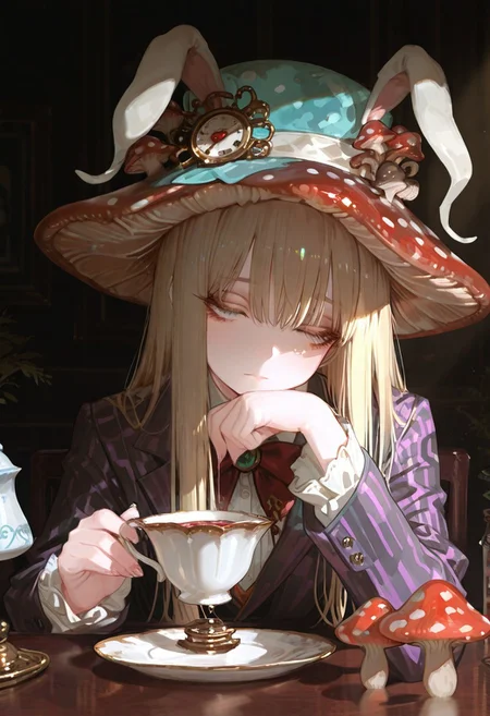 masterpiece, best quality, good quality, newest, highres, absurdres, volumetric lighting,gradient color,
BREAK
raytracing, volumetric lighting, ambient occlusion, girl, background, masterpiece, best quality, very awa, absurdres, model style,
BREAK
Mad Hatter, mushroom hat, teacup, suit
BREAK
masterpiece,amazing quality,best quality,ultra-detailed,8K,illustration,CG,shiny hair,clear skin,ultra-detailed-eyes, background,cute girl, eyelashes