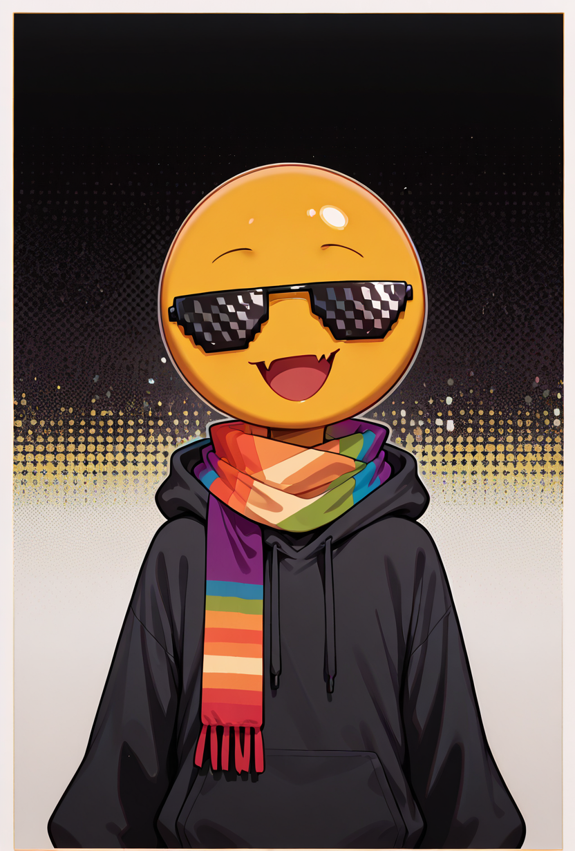 <lora:xmattar-10:1> xmattar, open mouth, rainbow scarf, , solo, smile, pixel sunglasses, 1boy,black hoodie, yellow skin, circular head,, masterpiece, best quality, amazing quality, very aesthetic, absurdres, newest,, upper body, halftone effect, white borders, abstract background:1.2,