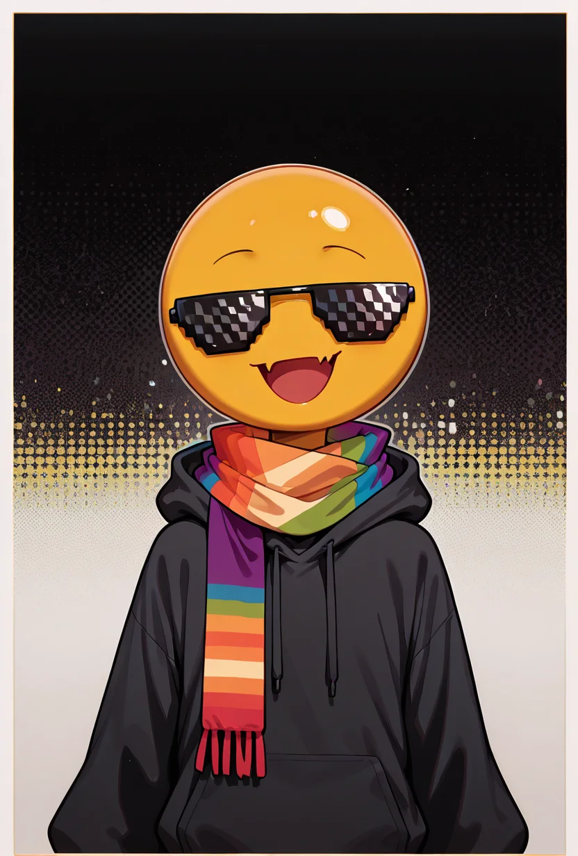 <lora:xmattar-10:1> xmattar, open mouth, rainbow scarf, , solo, smile, pixel sunglasses, 1boy,black hoodie, yellow skin, circular head,, masterpiece, best quality, amazing quality, very aesthetic, absurdres, newest,, upper body, halftone effect, white borders, abstract background:1.2,