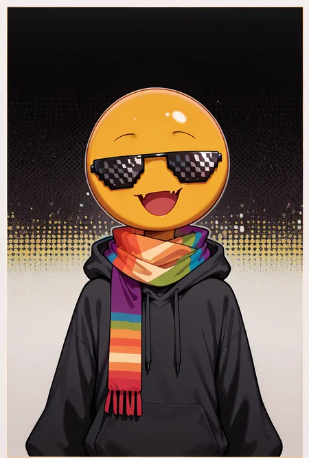 <lora:xmattar-10:1> xmattar, open mouth, rainbow scarf, , solo, smile, pixel sunglasses, 1boy,black hoodie, yellow skin, circular head,, masterpiece, best quality, amazing quality, very aesthetic, absurdres, newest,, upper body, halftone effect, white borders, abstract background:1.2,