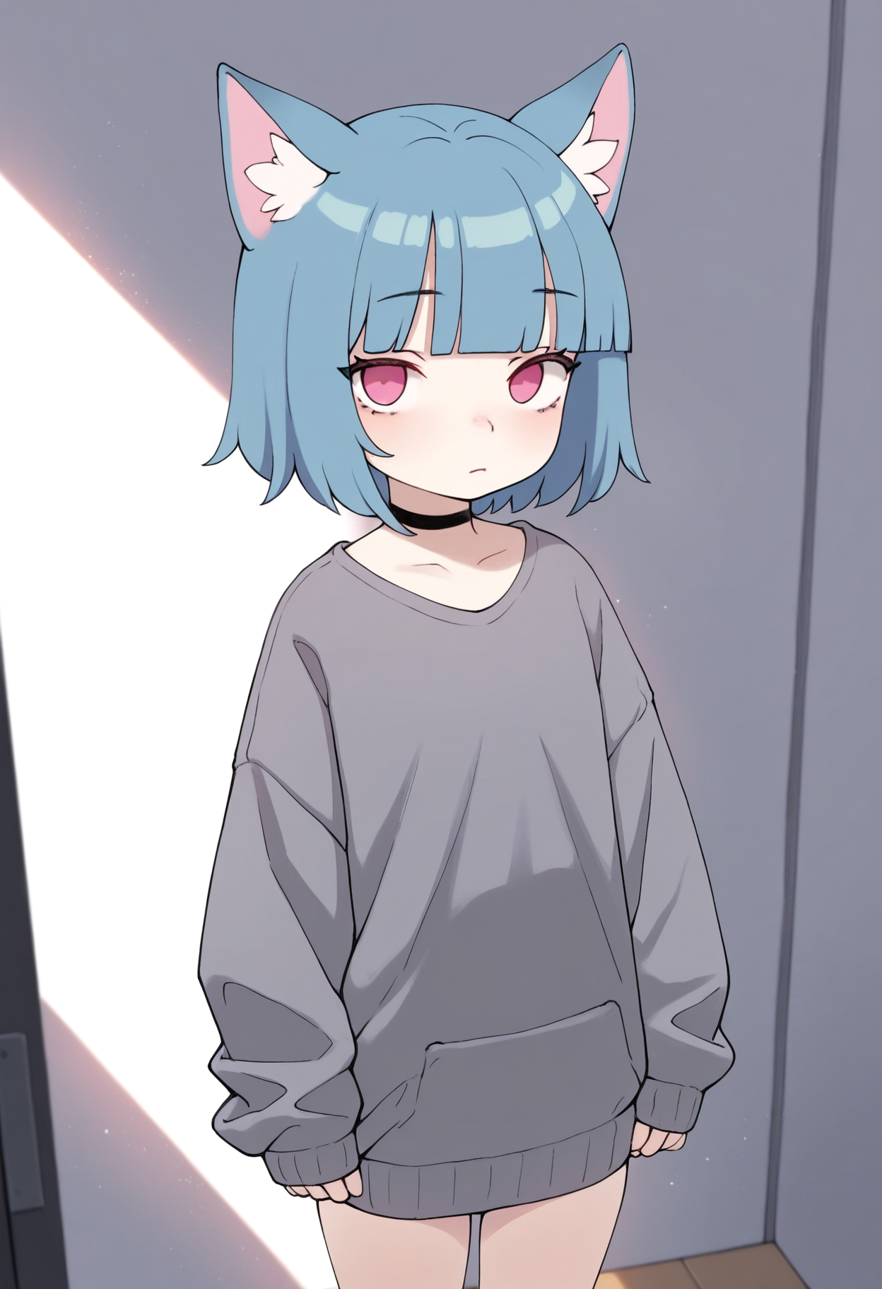 masterpiece,best quality,amazing quality,
1girl, solo, animal ears, blue hair, sweater, short hair, bangs, choker, sleeves past wrists, grey sweater, looking at viewer, blunt bangs, long sleeves, pink eyes, black choker, closed mouth, cowboy shot, red eyes, standing, animal ear fluff, expressionless,
 <lora:Qtkat:1>