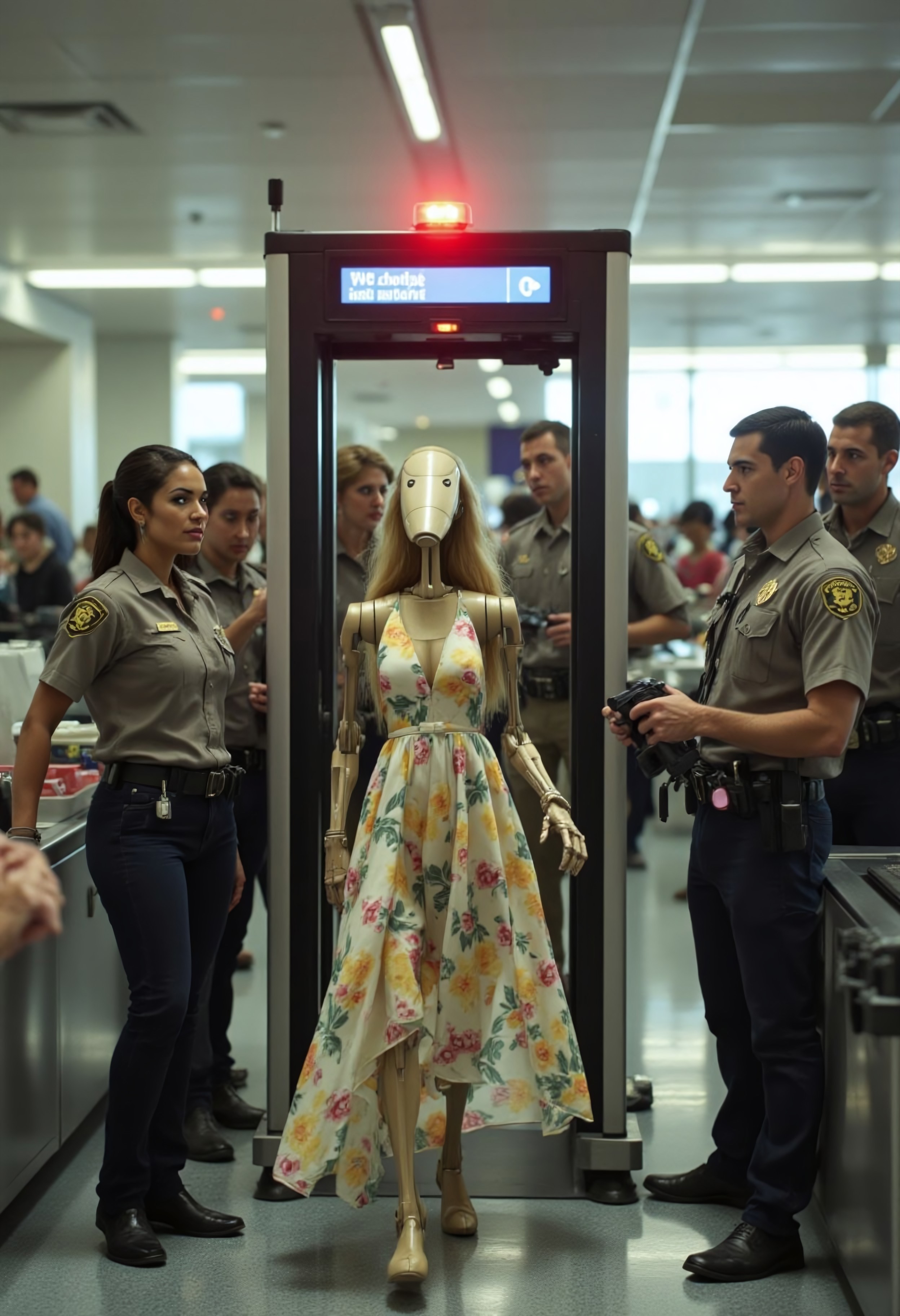 A comical scene at an airport security checkpoint, where a Star Wars battle droid is walking through a metal detector. The droid is humorously dressed in a flowing sundress with floral patterns and has long, luscious blonde hair cascading down its metallic frame. The metal detector’s red warning light is blinking furiously, and a loud alarm is going off as the droid stands awkwardly in mid-step. TSA officers in uniforms are gathered around, looking both confused and concerned, with one officer holding a scanner and another pointing at the droid. The background features a typical airport security setup, with conveyor belts, plastic bins, and travelers in line, some glancing at the bizarre scene. The lighting is bright and sterile, capturing the humorous contrast between the droid’s rigid frame and its unexpected, whimsical outfit