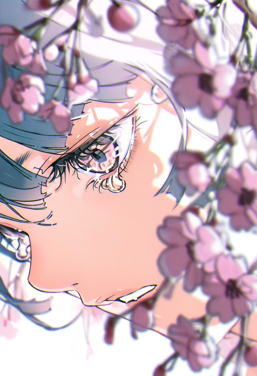solo, 1girl, blurry, tears, flower, blurry foreground, parted lips, crying, depth of field, portrait, crying with eyes open, close-up, cherry blossoms, looking at viewer, pink flower, branch, bangs, eyelashes <lora:yoneyamaiXL_NBVP1_lokr_V6311PZ:0.95>
