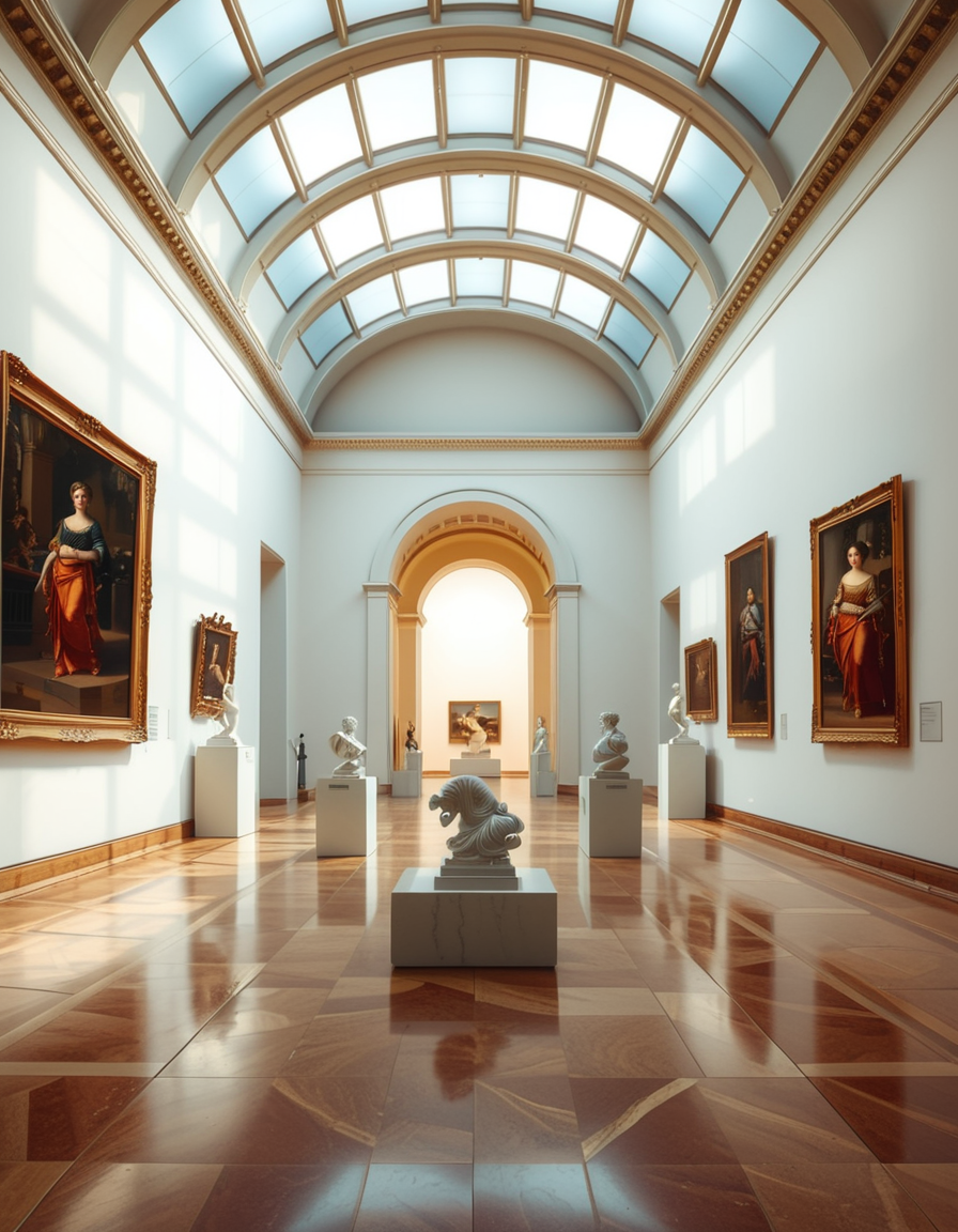 A high-resolution photograph of the interior of a grand art museum, featuring vast halls with high ceilings, intricate architectural details, and polished marble floors. The museum is illuminated by soft, natural light filtering through large arched windows, casting gentle shadows on the walls adorned with classical and modern paintings in ornate golden frames. In the center, a marble sculpture stands on a pedestal, surrounded by velvet ropes. Visitors walk around, some admiring the artwork, others engaged in quiet discussions. The atmosphere is serene and intellectual, with a warm color palette of beige, gold, and deep reds enhancing the elegance of the scene. The perspective is wide-angle, capturing the depth and scale of the museum, evoking a sense of awe and admiration.
<lora:SDXLFaeTastic2400:0.4> <lora:extremely_detailed:0.4> extremely detailed, <lora:art_mus3um:1>,art mus3um, Masterpiece,best quality,hi res,8k,hi res,8k,award winning,(sharp focus, intricate, highly detailed),