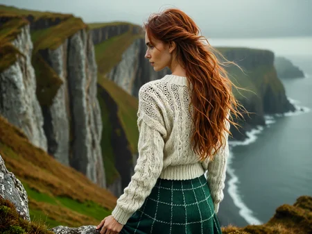 (back facing viewer:2), (analog photograph, hyperrealistic, masterpiece, 8K, soft cinematic lighting, cold|dreary atmosphere, windy:1.75), (tall woman, very long messy hair, overlooking the cliffs of Moore, tight white knitted aran sweater, short plaid green skirt:1.5), pale skin, redhead, skinny <lora:RMSDXL_Enhance:1.5> <lora:RMSDXL_Creative:1>
