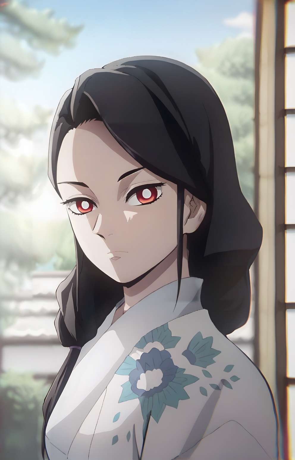 score_7_up_, BREAK source_anime, RRukaV4XL, 1girl, solo, japanese clothes, kimono, looking at viewer, bright pupils, closed mouth, upper body, day, floral print, sliding doors, white kimono, low ponytail, hair over shoulder, cowboy shot, <lora:RRukaV4XL:1>