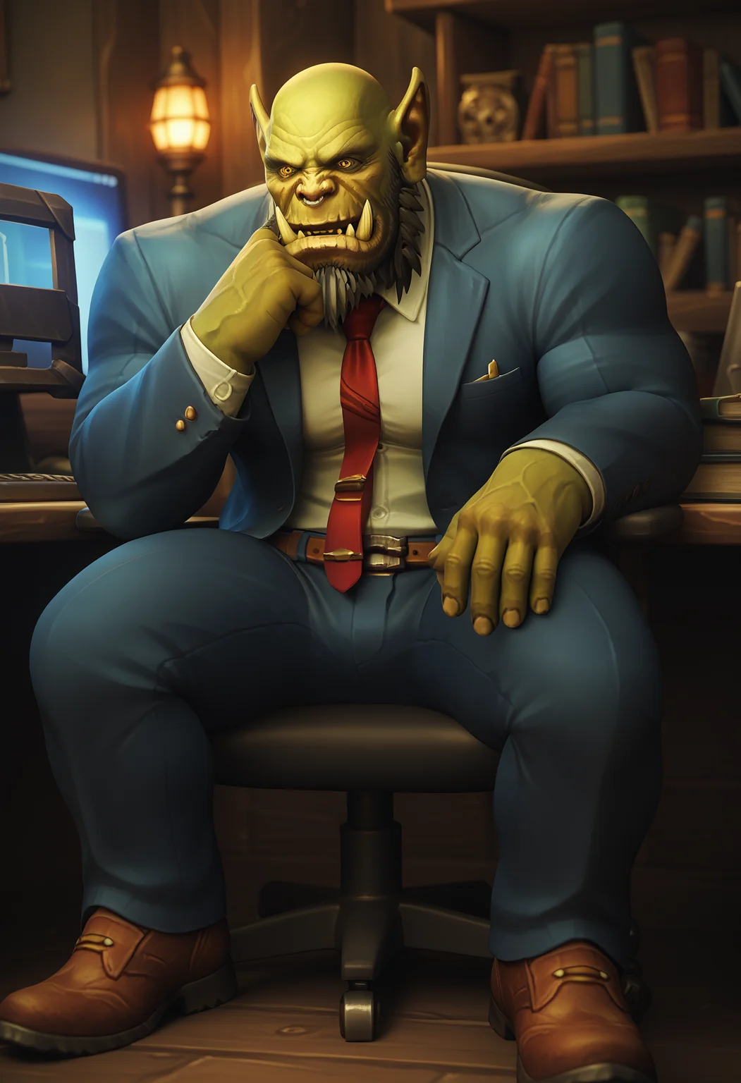 zPDXL3, score_9_up, score_8_up, score_7_up, detailed, masterpiece, high quality, best quality, digital media \(artwork\) BREAK solo, office, working, computer, sitting, night, suit, tie, orc_wow, orc, muscular, tusks, pointy ears, green skin, bald, beard, yellow eyes, muscular, broad shoulders, big pecs, thick thighs <lora:Orc_WoW_V1:0.8> <lo88a:detailed_notrigger:0.5> <lora:d3t41l3dXLP:0.5>