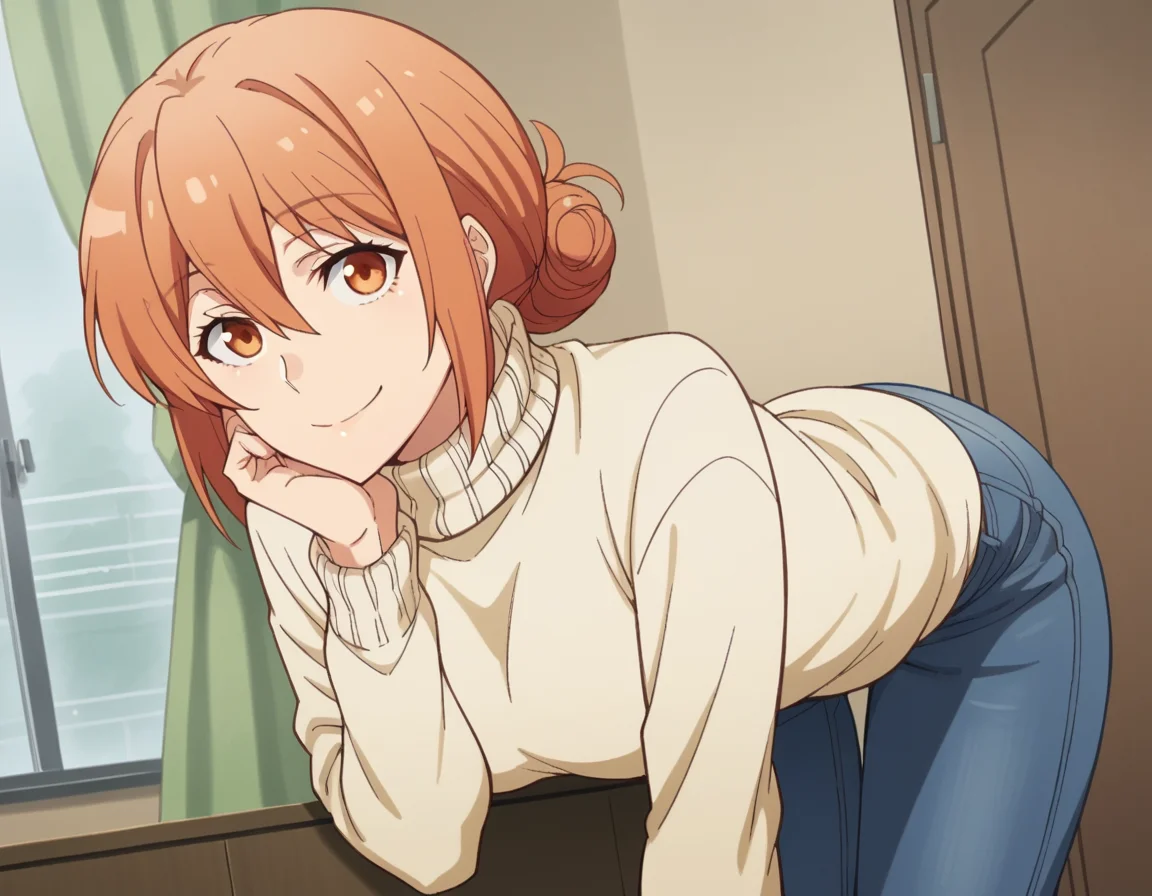 score_9, score_8_up, score_7_up, source_anime,
yuigahamama, <lora:mother-yuigahama-s2s3-ponyxl-lora-nochekaiser:1>,
yuigahamama, hair bun, mature female, orange eyes, orange hair, short hair, single hair bun, hair between eyes, sidelocks,
denim, jeans, pants, sweater, turtleneck, turtleneck sweater, white sweater,
indoors, bent over, smile,
looking at viewer, cowboy shot, dutch angle, solo,