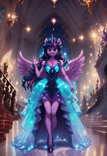 score_9, score_8_up, score_7_up, anthro,
(((Princess Twilight Sparkle))), alicorn, (spread wings), horn, regalia,
facing viewer, front view, female focus, view from chesthight,
g5, pony, female, mare, tail, dock, solo, 1girl, highly detailed, beautiful, detailed eyes, detailed fur, beautiful eyes, (tall), ((perfect body proportions), (beautiful long legs),
small breasts, show accurate skin colour,
long hair, fluffy hair, biggest hair,
(((walking ((down)) a grand staircase))), (((waving to viewer))), ((happy, excited, smiling at viewer invitingly)),
(((wearing a beautiful, eyecoloured, bioluminescent, shoulderfree ballgown))), glowing ballgown,
BREAK,
highly detailed background, (((nighttime))), night
inside Canterlot castle, ballroom, ((grand staircase)), mirror marble floor, (((dimmed lights in the room))),
