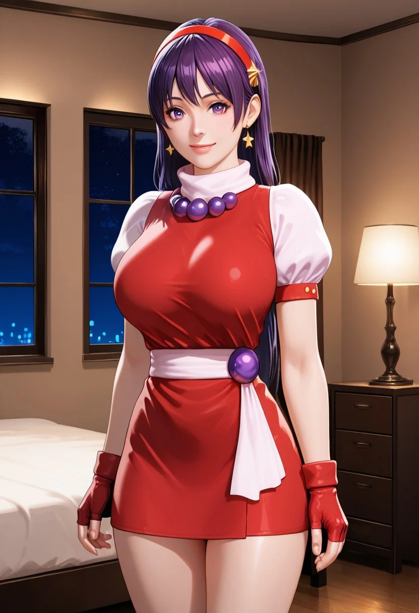 masterpiece, quality,worst,anime colouring, Athnea96, purple hair, long hair, red hairband, beads, red vest, white puffy sleeves, red skirt,belt,miniskirt,fingerless gloves,3d, realistic,large breasts,Smile,closed mouth, Interior, room, bed, dark room, window, night light,cowboy shot,
