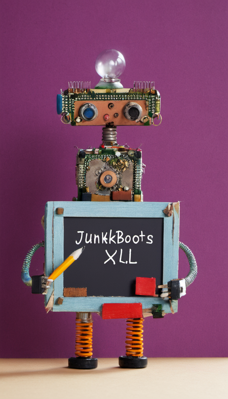 <lora:JunkBots_XL:1> A character (writes the words "JUNKBOTS XL" on a chalkboard:1.2)