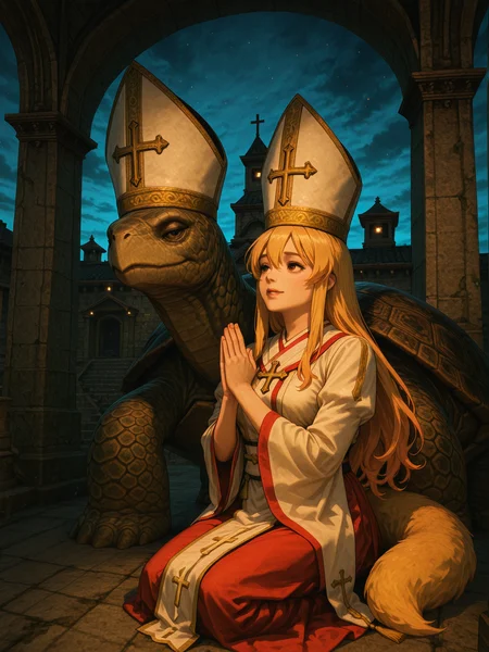 (kingpin, realistic, masterpiece, best quality, amazing quality, very aesthetic, absurdres, newest:1.4), sfw, solo, 1girl, tamamo no mae, fox ears, fluffy golden-blonde hair, golden fluffy tail, traditional shrine maiden outfit, kneeling outdoors in open stone courtyard, praying with hands together, serene reverent expression, looking up in awe, (turtle pope:1.2) seated before her, large anthropomorphic turtle in bishop robe and ornate mitre hat, blue vibrant daytime sky, bright and vivid outdoor lighting, clear sharp shadows, soft divine glow, stone ruins and mossy ground, no orange tint, no haze, sacred spiritual setting, ambient light bloom, magical particles, cinematic composition, centered subject focus, richly textured environment, highly detailed scene, 3d rendering, <lora:dmd2_sdxl_4step_lora:1>, <lora:Kingpin_-_Life_of_Crime_Style_E17_DIM16_ILXL_V1.2:1>, <lora:turtle_pope_r1:1>