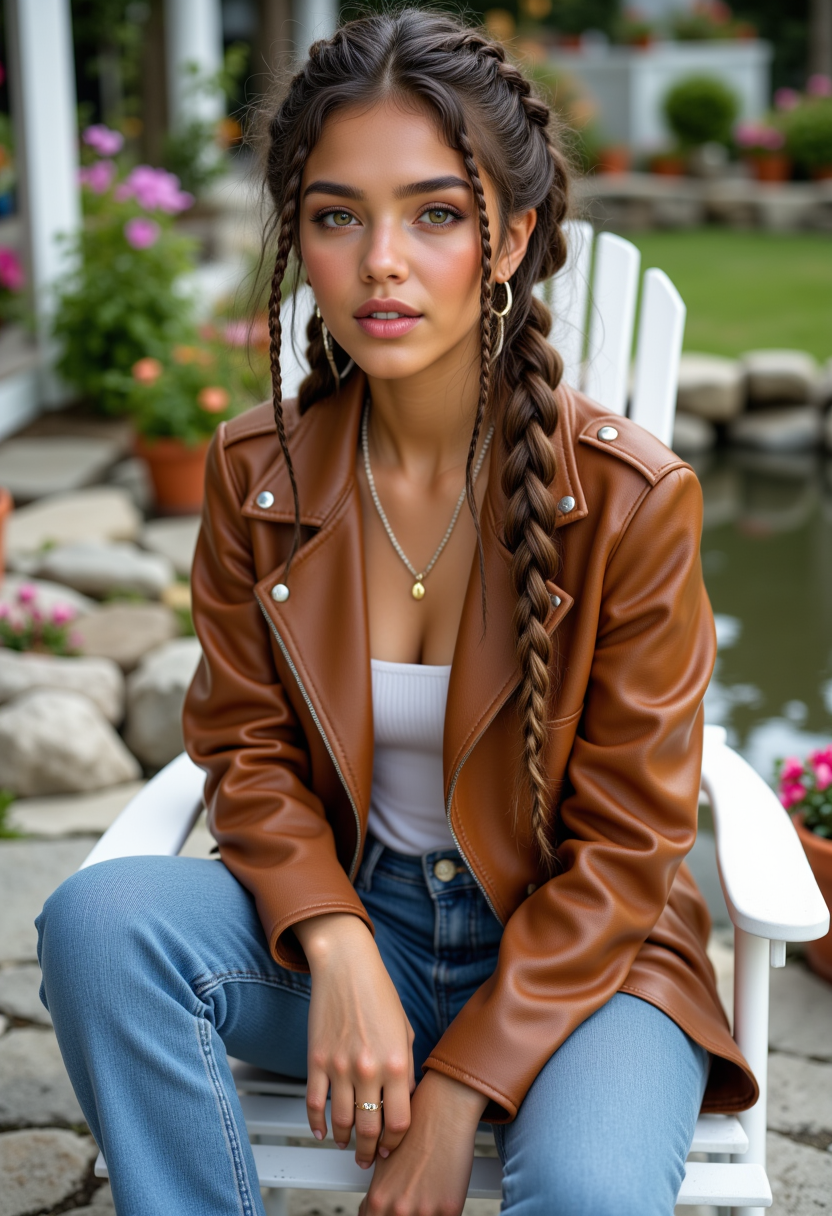 modeling poses, She is approximately 18 years old, she is smiling, dynamic angles, multiple angles,She is looking at the camera, photoshoot poses; a photo of Aline_v1, a woman with braided hair,earings, she is posing for the camera. a woman with  hair, necklace, wearing a brown leather jacket, white sweater,and Blue jeans, a woman with medium breasts, she is sitting in a white deck chair, on a dock lined with flower pots, a beautiful pond in the background, The woman has long hair and is wearing a necklace. . The scene is set in a cozy and inviting atmosphere, with the woman being the main focus of the image.  she has the perfect milf body, thin waist, wide hips, golden triangle, she is posing for the camera with a smile on her face. Style: realistic hyper-detailed rendering, 32k UHD, expressive eyes, punk, graphic design, girl's face, pretty and cute, gleaming lips, telling a tale of adventure. Exuding confidence and serenity. The overall mood of the image is happy and relaxed,detailed skin texture,(blush:0.2),(goosebumps:0.3),subsurface scattering,with a playful and whimsical tone, aidmafluxpro1.1, retro50s_style, perfect hand, detailed hand,  looking at camera, looking at viewer, looking at camera, she is looking at the camera,