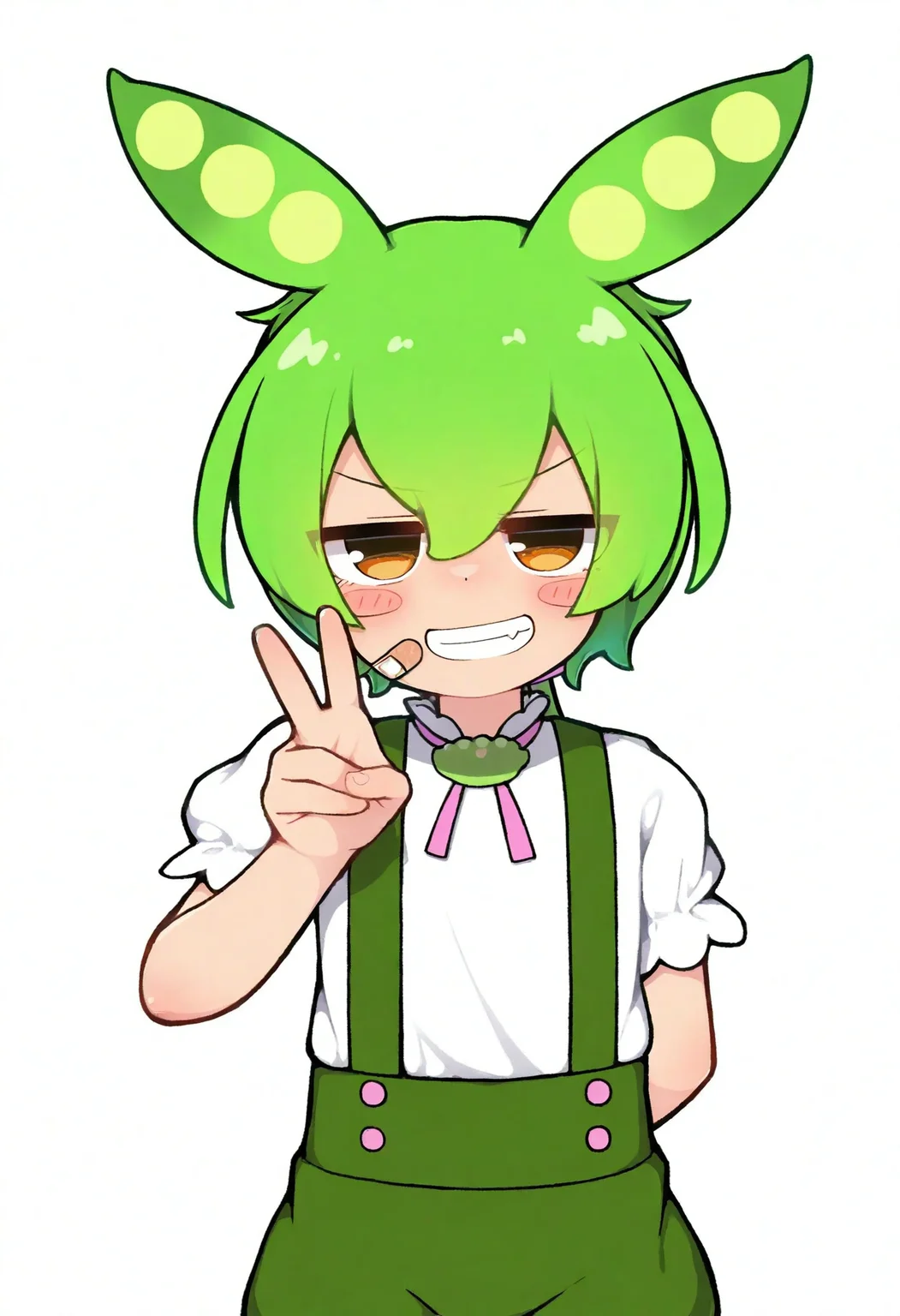 high definition, amazing quality, very aesthetic, best quality, masterpiece, highres, simple background, white background,
<lora:53na_style_NoobAI_v1:1> 53na, 1boy, standing, upper body, looking at viewer, solo, zundamon, white shirt, green suspenders, smile, v,