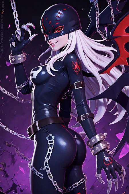 score_9, score_8_up, score_8, medium breasts, (curvy), cute, eyelashes, BREAK, , zzLadyDevi, chain, belt, stitches, claws, gloves, wings, asymmetrical clothes, bodysuit, <lora:LadyDevimon_Digimon_PDXL:0.8>, , BREAK, smile, looking at viewer, cowboy shot, side view, ass, ,,, embedding:zPDXL, Expressiveh, ,,, <lora:Zy0n7_PDXL:0.8>, <lora:SDXLFaeTastic2400:0.5>, <lora:Expressive_H-000001:0.4>,