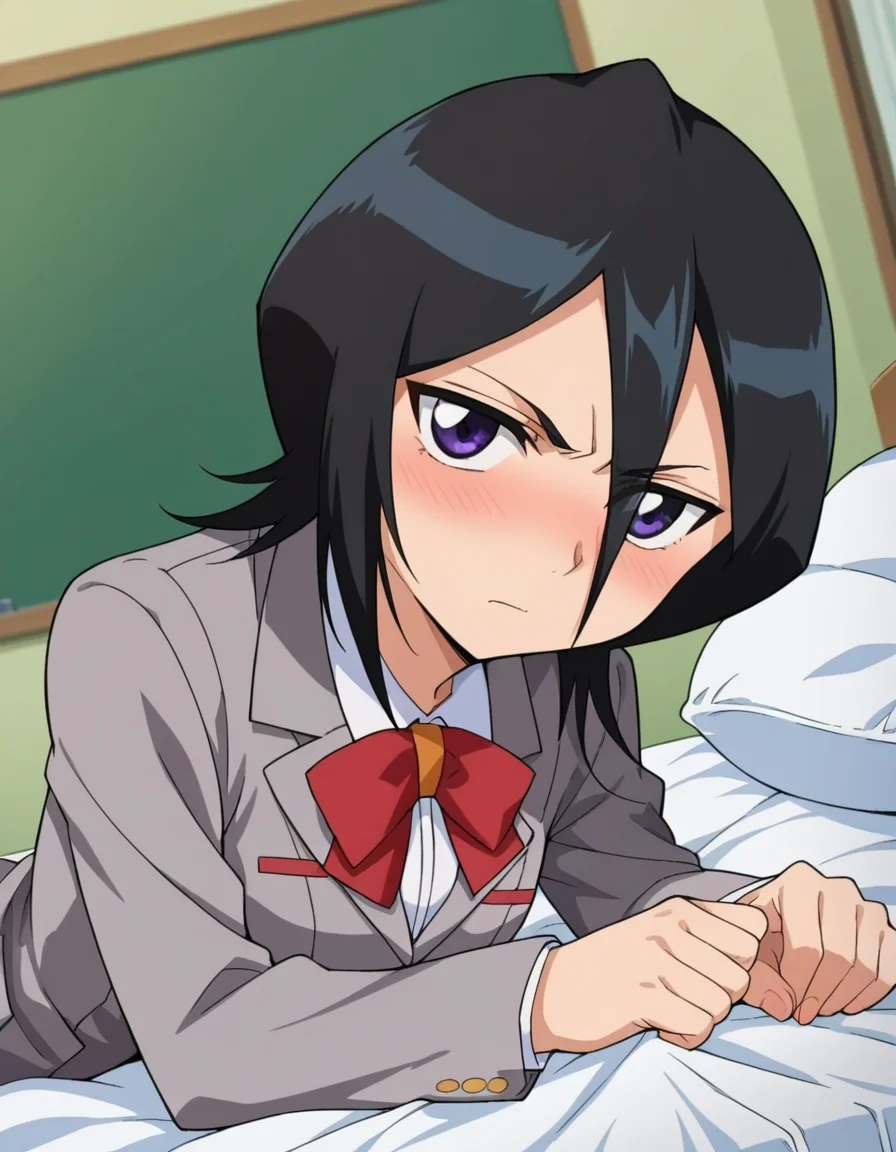 score_9, score_8_up, score_7_up, source_anime,
rukiakuchiki, <lora:rukia-kuchiki-s1-ponyxl-lora-nochekaiser:1>,
rukia kuchiki, black hair, hair between eyes, purple eyes, short hair,
skirt, bow, school uniform, jacket, blazer, grey jacket,
indoors, bed, bed room, on side, blush, drunk,
looking at viewer, cowboy shot, dutch angle,