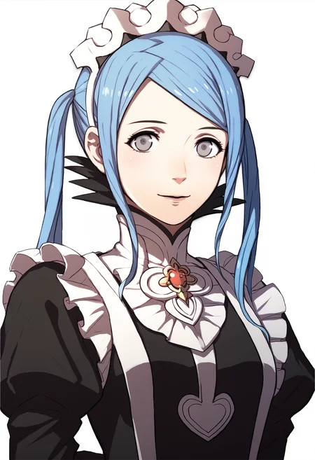 score_9, score_8_up, score_7_up, source_anime BREAK 1girl, solo, <lora:flora-fe-richy-v1_pdxl:0.9>flradf, grey eyes, blue hair, long hair, twintails, maid headdress, black feathered collar, red brooch, breasts, juliet sleeves, arms behind back, parted lips, smile, looking at viewer, <lora:zs_FE3HPortraitsXL:1> fe3hportraits, upper body, white background