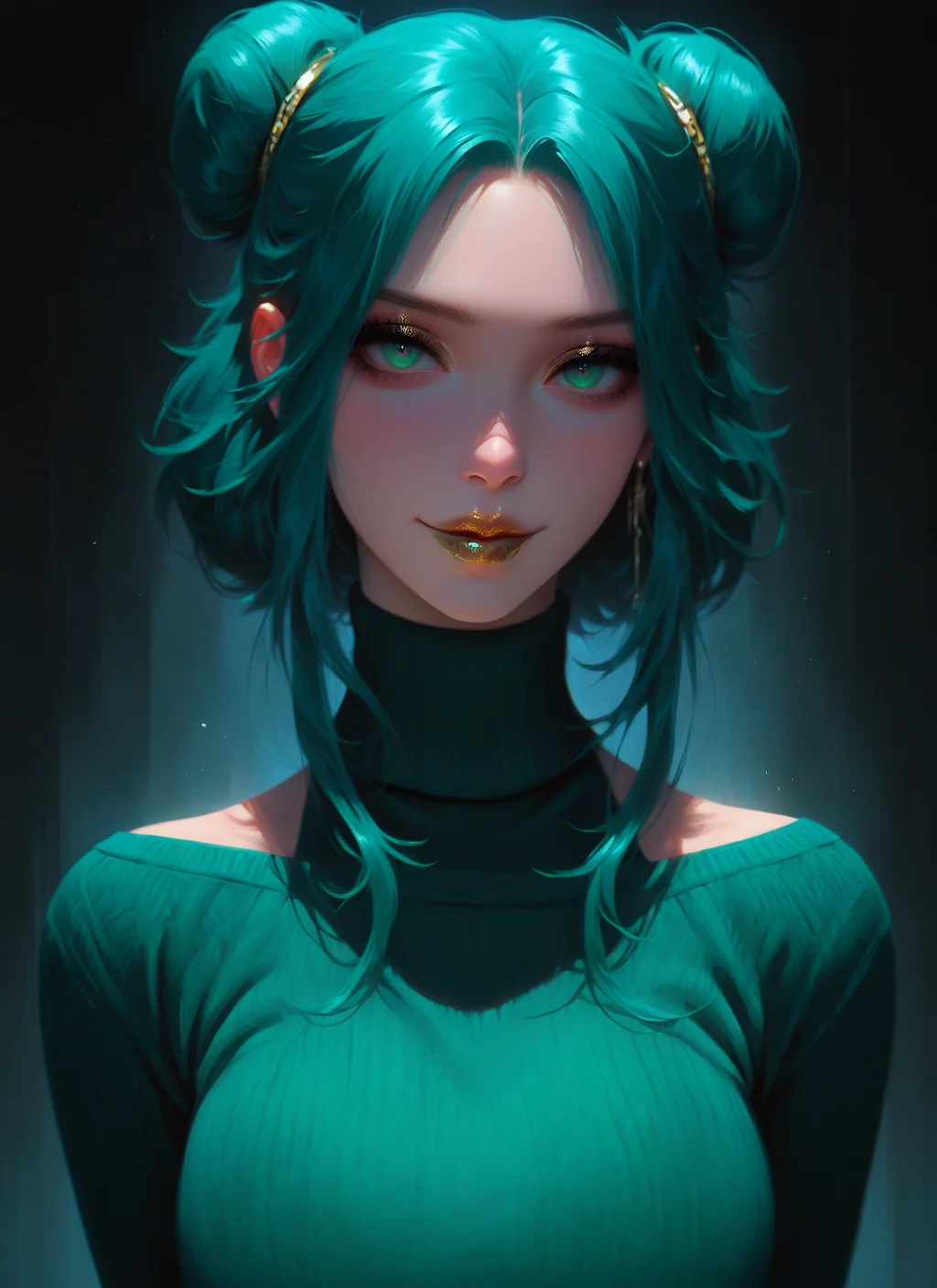 artist:, masterpiece, best quality, newest, very awa, absurdres, highres, sfw, dprd, 1girl, gold lips, smile, green eyes, green hair, Sleek High Bun with Cuff hair, sweater, looking at viewer, abstract background, detailed, <lora:DeepRed-Style:1.0>
