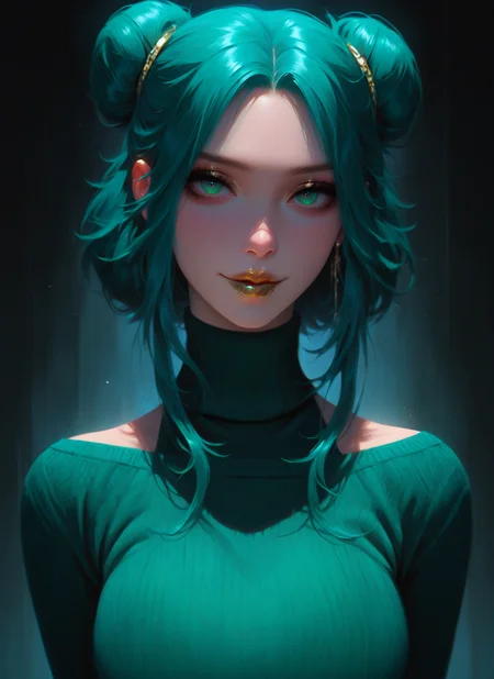 artist:, masterpiece, best quality, newest, very awa, absurdres, highres, sfw, dprd, 1girl, gold lips, smile, green eyes, green hair, Sleek High Bun with  Cuff hair, sweater, looking at viewer, abstract background, detailed, <lora:DeepRed-Style:1.0>