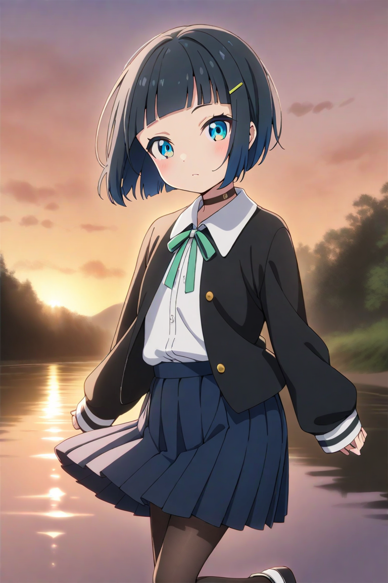 shinonome akira,1girl, solo, blue eyes, sleeves past wrists, skirt, shirt, jacket, blue skirt, closed mouth, choker, looking at viewer, white shirt, hair ornament, open clothes, black jacket, bangs, short hair, hairclip, ribbon, long sleeves, pleated skirt, open jacket, neck ribbon, green ribbon, collared shirt, black hair, blunt bangs, blue hair,shoes, pantyhose,outdoors,river, sunset, 
 <lora:shinonome akira A31 e1:0.75>