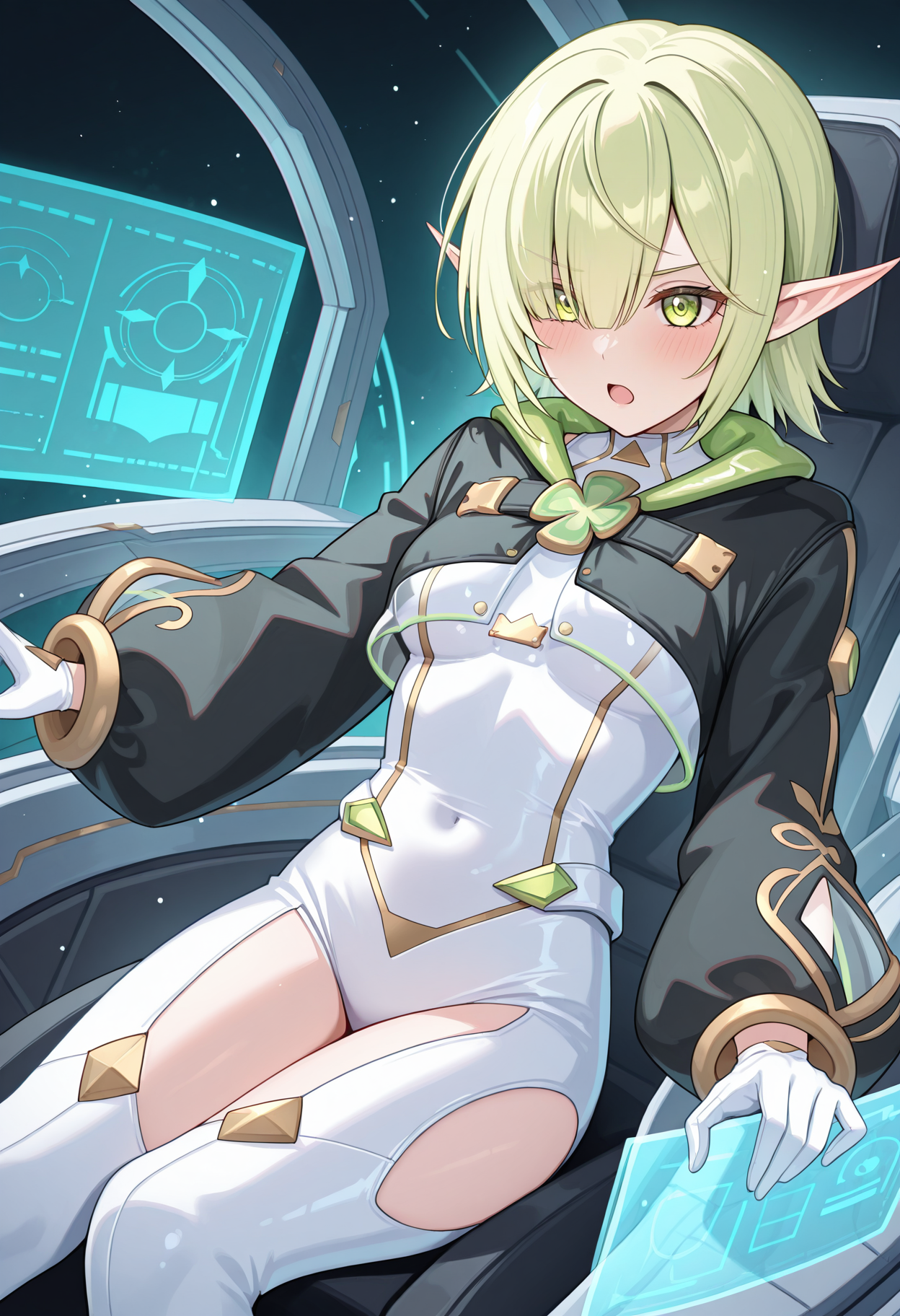 highres, best quality, masterpiece,
1girl, pcraoi, short hair, elf, light green hair, pointy ears, green eyes, hair over one eye, one eye covered, 
aoipplt, plt black jacket, plt cropped jacket, black shrug, four-leaf clover, plt two-tone jacket, see-through jacket, puffy long sleeves, wide sleeves, mecha pilot suit, gold trim, white bodysuit, sleeveless bodysuit, white gloves, thigh cutout,
blush, serious, open mouth, 
cockpit, holographic interface, science fiction, sitting, light particles, 
dutch angle,
<lora:_aoi_pcr-elesico-ilxlG:1>