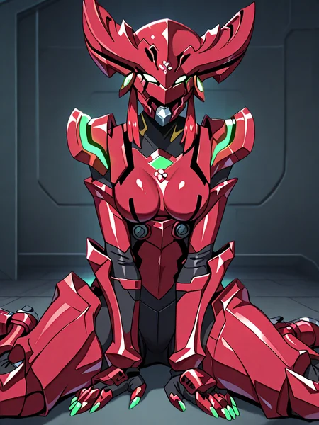 (masterpiece, very aesthetic, absurdres, best quality, high quality, cinematic shadow:1.4), body blush,character focus,perfect hands,medium breasts,sidelocks, cowboy shot, <lora:HandFixer_pdxl_Incrs_v1:1> handfixer,looking at viewer,<lora:StS-Illustrious-Detail-Slider-v1.0:4>, ,, <lora:eyelashext_v10:1>, <lora:rouge:1>, rouge,rougeGladiator,armor,helmet,robot, robot girl,green eyes,no pupils, no humans,multicolored,neon trim,shoulder armor,claws,green nails,dynamic pose, dynamic angle, dynamic pov, solo,, sitting, wariza,