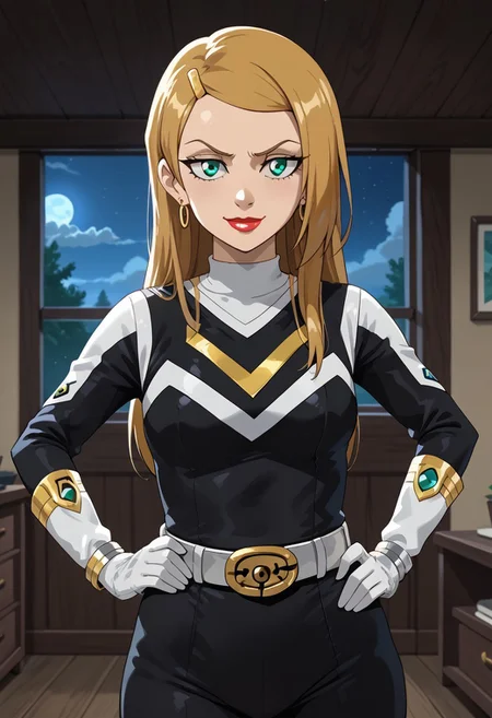 score_9, score_8_up, score_7_up, BREAK,
1girl, solo, Sarah, green eyes, blonde hair, long hair, hairclip, earrings, lipstick, medium breasts, narrow waist, wide hips, sentaisaintforce, black bodysuit, silver belt, white gloves, spandex, m-shaped chest symbol, helmet removed, no headwear,BREAK,
cowboy shot, smug, half-closed eyes, standing, hand on hip, indoors, night,