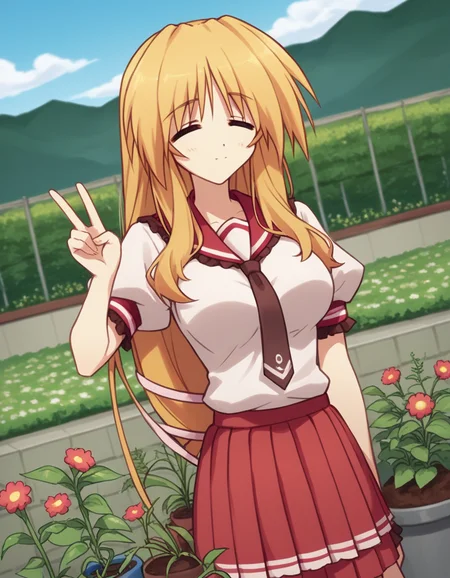 score_9, score_8_up, score_7_up, source_anime, <lora:tsumugi-toudou-s1-ponyxl-lora-nochekaiser:1>, tsumugi toudou, long hair, blonde hair, yellow eyes, bangs, sidelocks, large breasts,, school uniform, necktie, serafuku, white shirt, short sleeves, puffy sleeves, frilled sleeves, frilled sailor collar, red sailor collar, brown necktie, skirt, pleated skirt, red skirt, frilled skirt,, gardening, watering plants, backyard, flowers blooming, sunny day,, , , v, v over eyes,, solo,, cowboy shot, dutch angle,