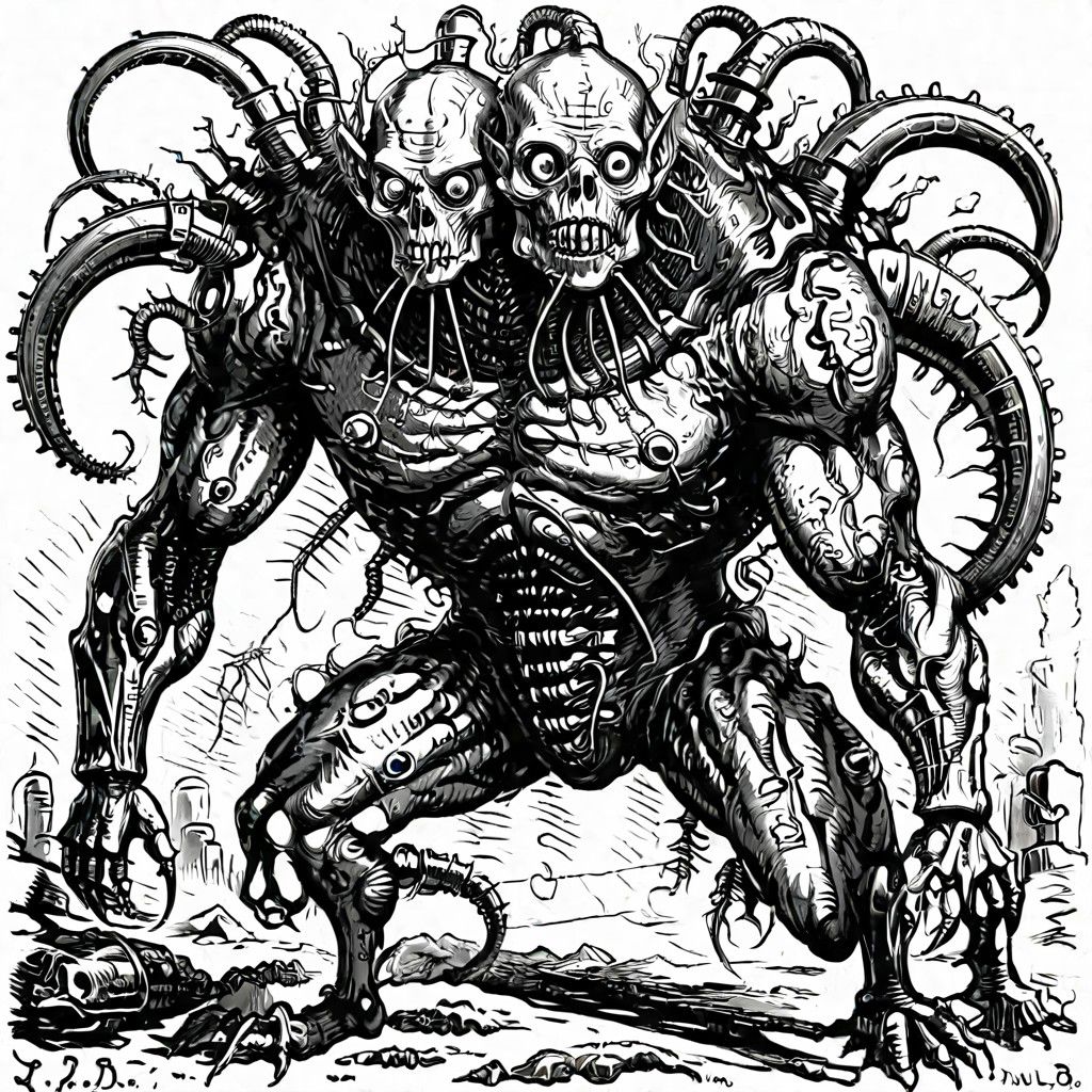 a fleshmutant cybermutant creature with tubes on its body,monochrome,art by llbreton