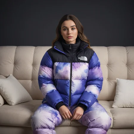 (full body shot) cute british woman wearing Watercolor designs tnf_nuptse jacket and thick puffy double layered tnf_nuptse puffer salopettes, hyperdetailed photography,4k textures,intricate details,4k resolution <lora:pufferdown_tnf_nuptse:0.5>, sitting on a couch, in a dark room, cinematic still