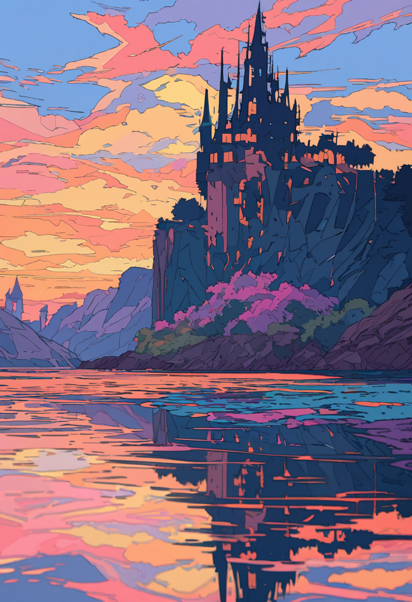 (best quality), fractal art, fauvism, ligne claire, landscape, scenery, no humans, beach, cliffs, castles, twilight, sunset, sky, reflective water,