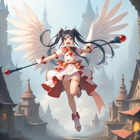 20yo, score_9,score_8_up,score_7_up,score_6_up, shiny oild skin,
Skuld, open mouth, gloves, twintails, jewelry, full body, :d, earrings, white gloves, magical girl, staff, castle night jumping dynamic poses On the roof upper body, gigantic angel wings,
<lora:Skuld:0.85> <lora:zy_Detailed_Backgrounds_v1:2>