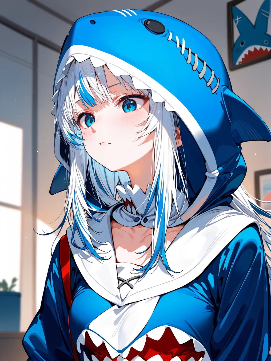 masterpiece,best quality,score_9,score_8_up,score_7_up,best quapoty,highres,absurdres,source_anime,indoors,<lora:NAI:0.7>,NAI_style,<lora:gawr_gura_(1st_costume):0.8>,close-up,upper body,indoors,gawr_gura_(1st_costume),(1girl:1.1),solo,multicolored hair,shark hood,