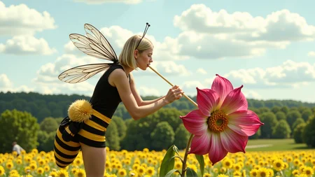cinematic photo a (25 year old girl:1.5), she has huge bee wings attached to her back and bee antennae attached to her head, she's wearing a( black and yellow:1.2) horizontally striped figure hugging lycra minidress, the dress has a human sized (fuzzy bee abdomen attached sticking out at the butt:1.3)
she has blonde hair in a bob cut, she has a slim figure and long legs, she has medium sized breasts
she's hovering in midair in front of a enormous flower, the flower is bigger than the girl, ready to drink it's nectar through a long straw, the straw is held in her hand with the end (stuck into the flower:1.3)
she's in a meadow of enormous wild flowers,, score_9, score_8_up, score_7_up, hyperdetailed, hyperrealistic, best quality, (masterpiece:1.3),high-definition, intricate details, volumetric lighting, symmetrical face, level eyes, . 35mm photograph, film, bokeh, professional, 4k, highly detailed