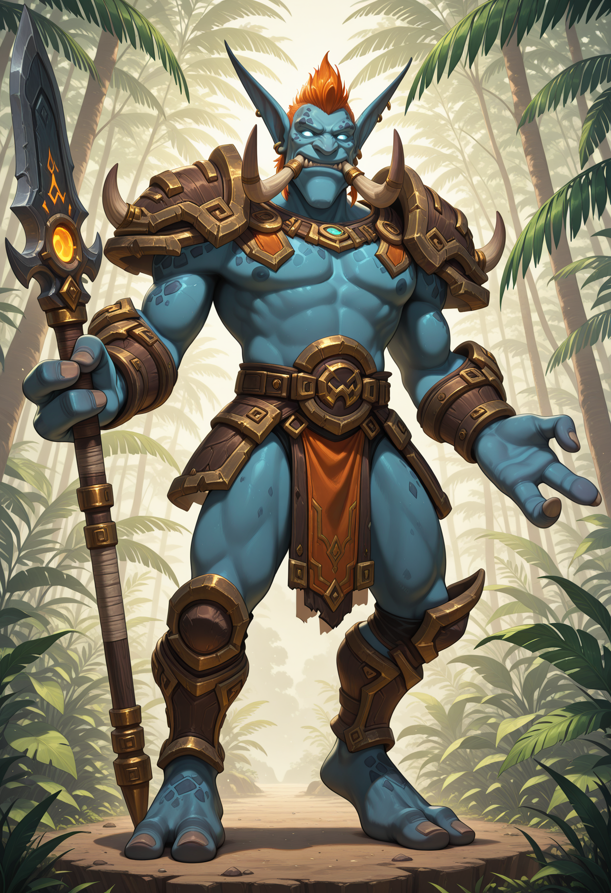 solo, male focus, manly, 1boy, zandalari, short hair, troll, tusks, pointy ears, orange hair, earrings, blue skin, glowing eyes, ((3 fingers, 2 toes)), warcraft, armor, warrior, outside, jungle, holding weapon, action pose,
perfect anatomy, masterpiece, perfect quality, best quality, detailed, newest, very aesthetic
<lora:Illustrious\ZandalariTroll_WoW_V1_ILXL:0.8>
<lora:Illustrious\Details\illustriousXL_stabilizer_v1:0.5>