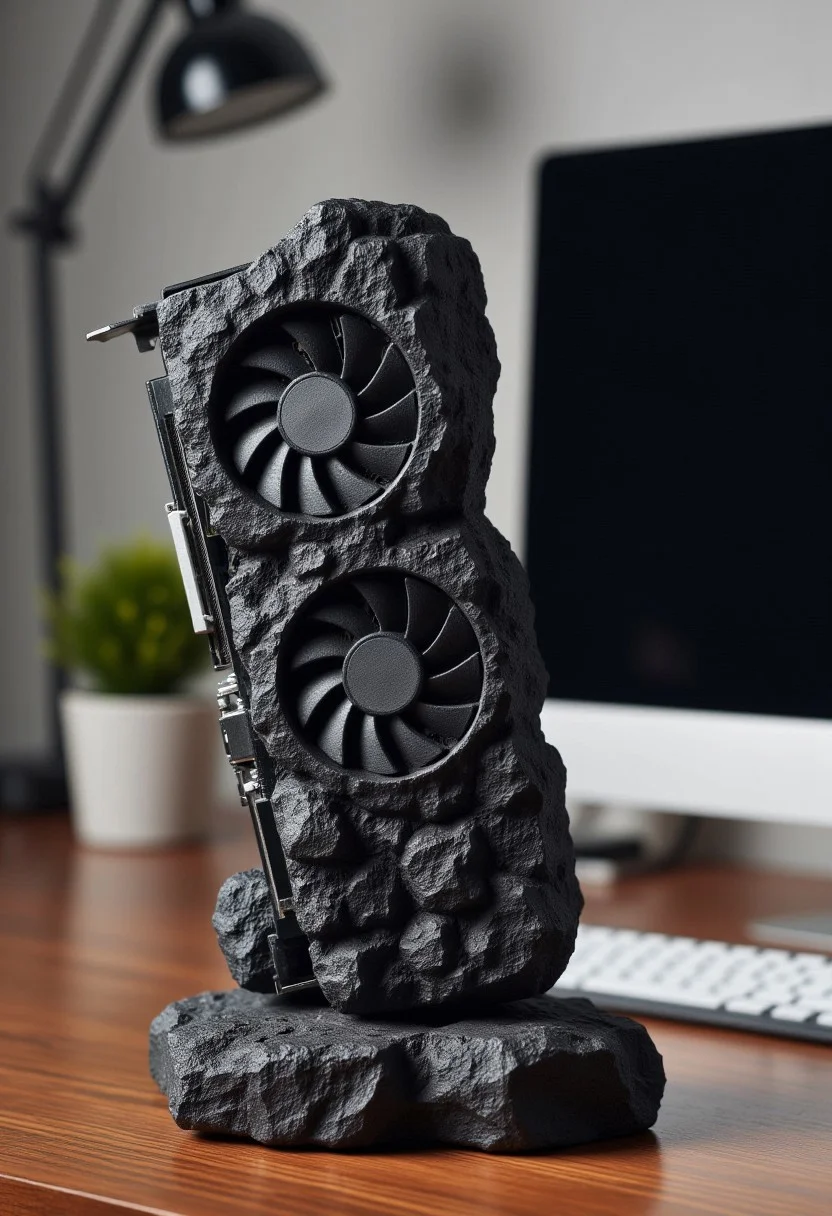 Photograph of a simplistic coal statue of a GPU card for a computer, next to a desktop computer on an office desk