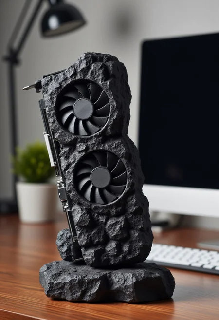 Photograph of a simplistic coal statue of a GPU card for a computer, next to a desktop computer on an office desk