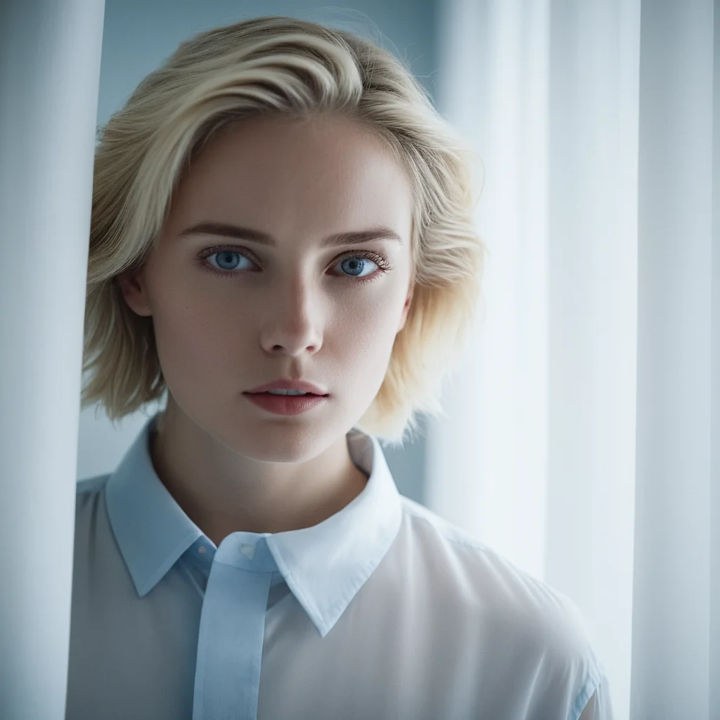 cinematic film still of <lora:High-key lighting Style:1>
bright light, bright, a woman is hiding behind a white sheet High-key lighting Style,1girl,solo,looking at viewer,short hair,blue eyes,blonde hair,simple background,shirt,white background,white shirt,lips,curtains,realistic,white theme,curtain grab, shallow depth of field, vignette, highly detailed, high budget, bokeh, cinemascope, moody, epic, gorgeous, film grain, grainy