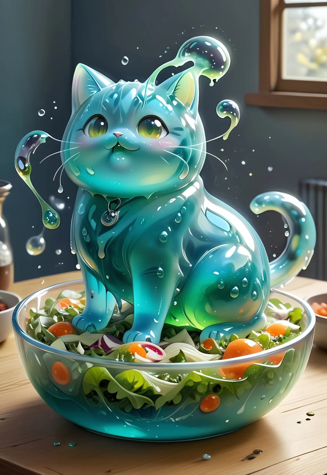 Sl1m3d, masterpiece, highest quality, cute, whimsical, Translucent chubby slime-morph-cat, blue-green, mid-fall into salad bowl. olive eyes popped wide, Glossy jelly texture, sauce droplets mid-air, surprise expression 