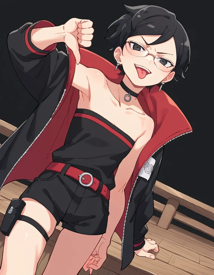 score_9, score_8_up, score_7_up, source_anime, <lora:sarada-uchiha-two-blue-vortex-manga-ponyxl-lora-nochekaiser:1>, sarada uchiha, short hair, black hair, glasses, black eyes,, bare shoulders, jewelry, collarbone, jacket, earrings, shorts, choker, belt, black dress, black jacket, strapless, thigh strap, black shorts, strapless dress, holster, thigh holster, red belt, thigh pouch, pier, wood, water, fishing, dock, , <lora:thumbs-down-ponyxl-lora-nochekaiser:1>, thumbs down, blush, from below, smug, tongue, tongue out, open mouth, black background, looking at viewer, solo,, dutch angle, cowboy shot