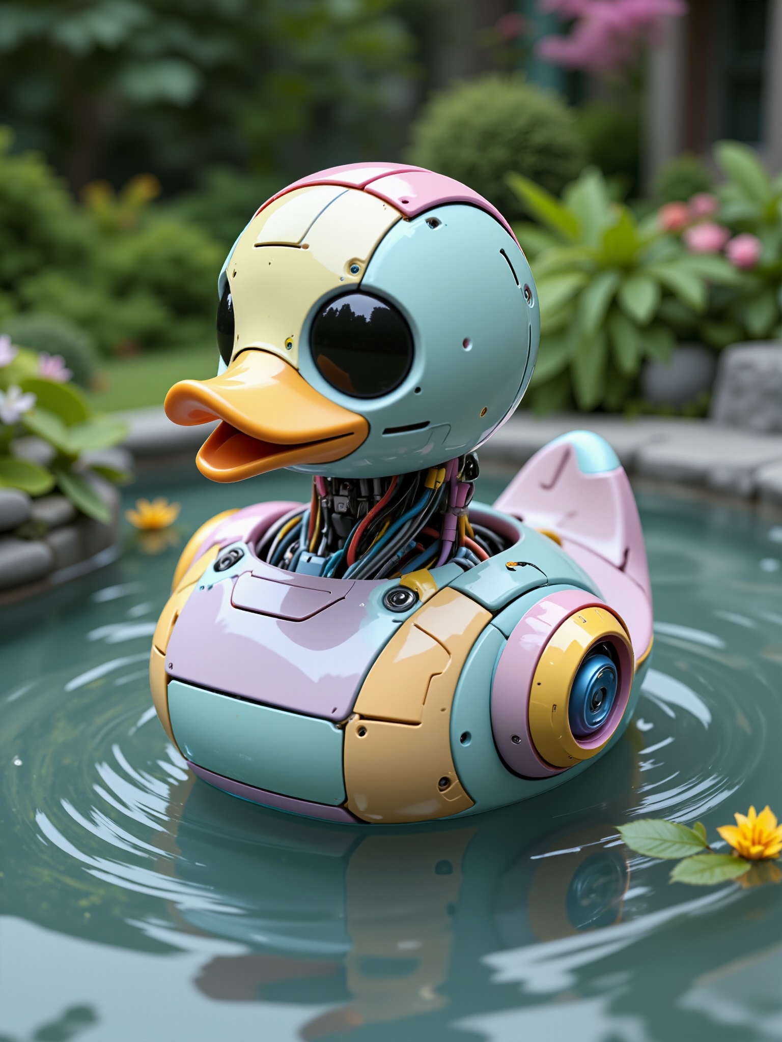 A rubber ducky robot on a small pond. The ducky is made of multi-pastel colored panels, cables, and wires.