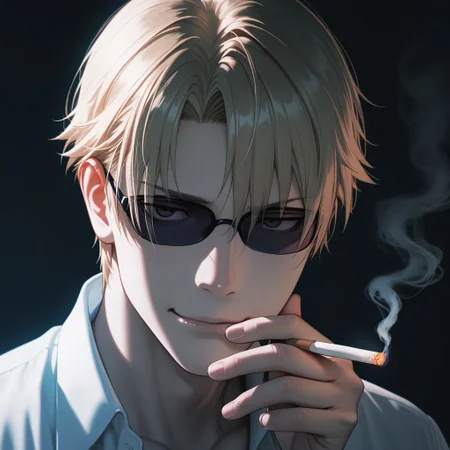 masterpiece, best quality, amazing quality, absurdres, newest, detailed background, definition so sharp, Ultra-HD, 8K cinematic, very awa, impressionate, amazing quality, highres,
solo, male focus, manly,
1boy, short hair, izumo_blonde, izumo_brown eyes, izumokusanagi, sunglasses \(on face\), holding cigarette, smoke, intricate smoke, ethereal, soft light, dark background, slight smirk, alluring, pensive, calm, cool colors, blue light, close up, thoughtful expression,