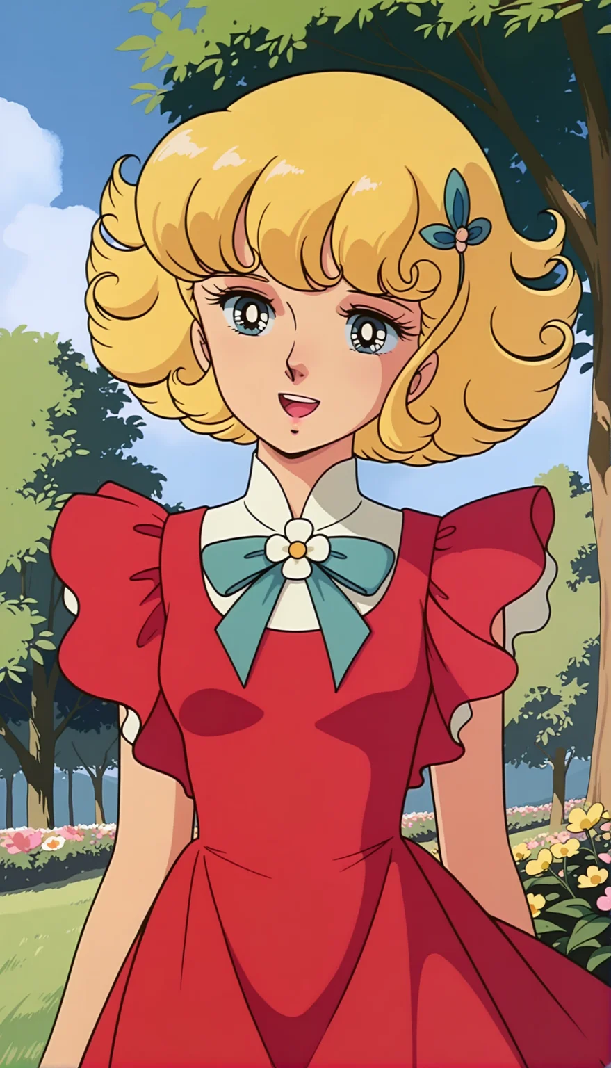 masterpiece,best quality,amazing quality,luluill,1girl,solo,1970s \(style\),retro artstyle,blonde hair,short hair,curly hair,blue eyes,flower,tree,hair ornament,dress,red dress,sky,day,bow,open mouth,smile,cowboy shot,<lora:luluill:0.8>,